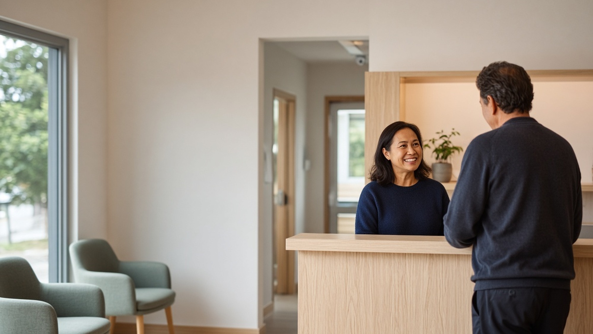 Receptionist at a timber counter greeting a visitor, waiting chairs to one side