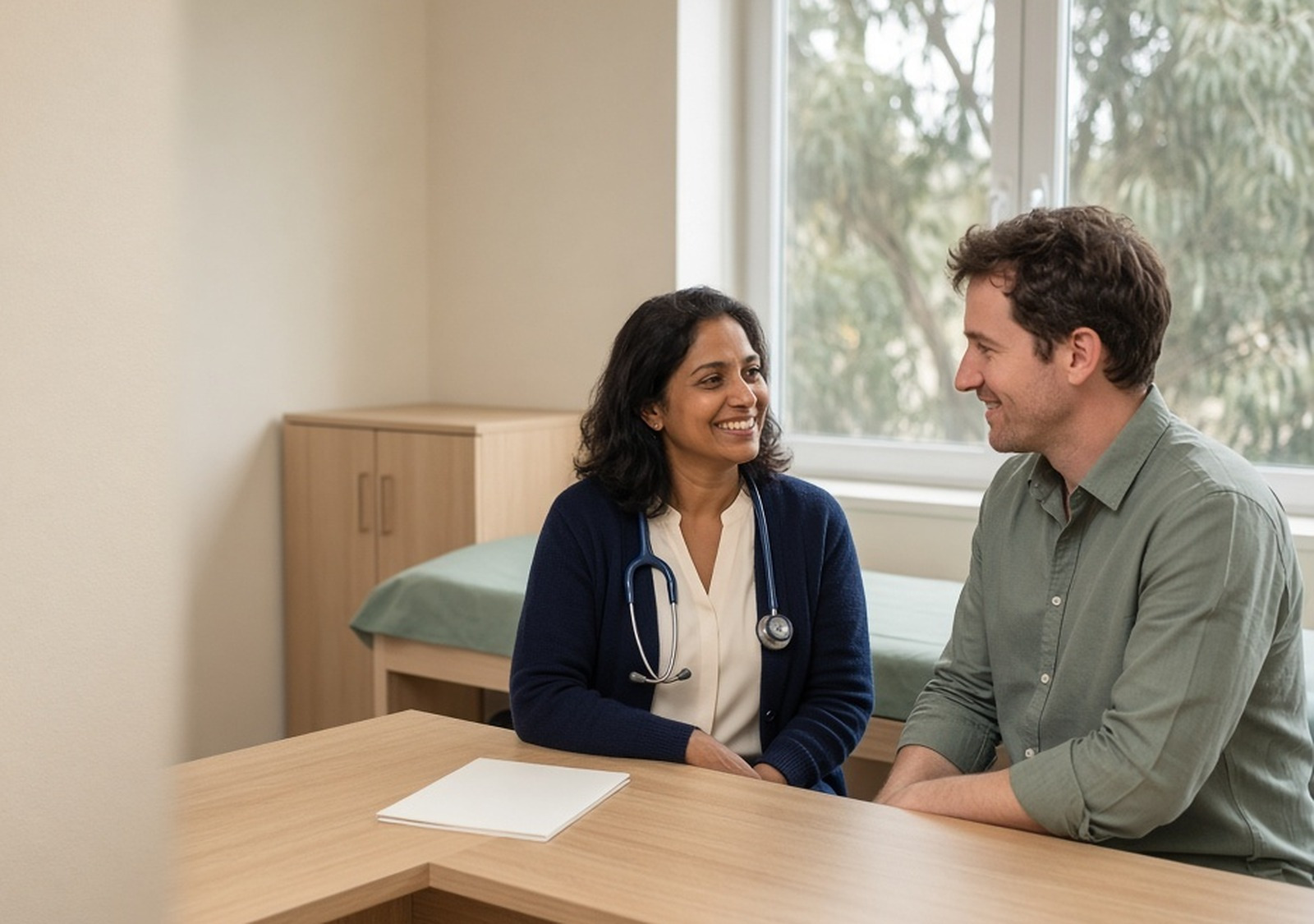 GP with a stethoscope talking with a patient across a consulting desk, examination couch behind