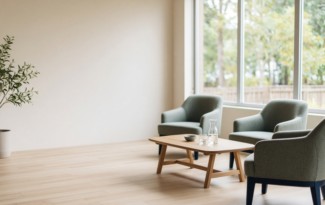 A calm, empty medical practice waiting area with upholstered chairs and a low timber table