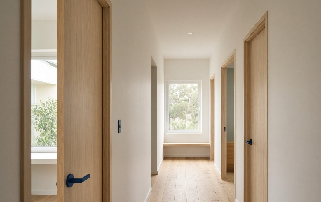 A quiet corridor in a medical practice with timber doors and daylight from a far window