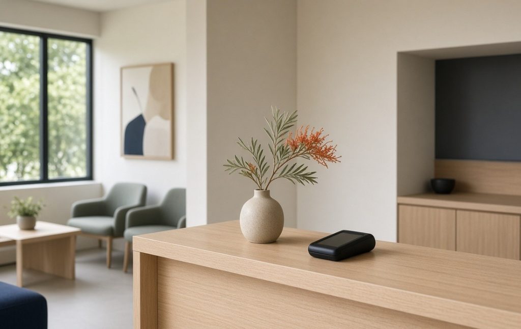 A timber reception counter in a medical practice, seen from the patient side