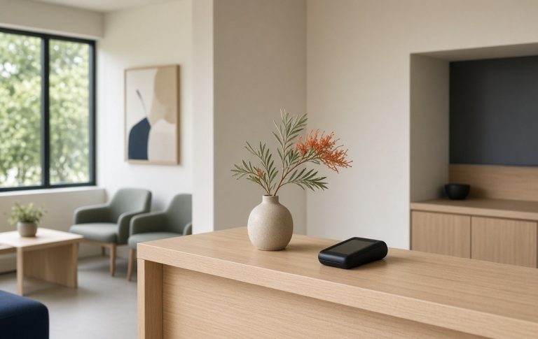 A timber reception counter in a medical practice, seen from the patient side