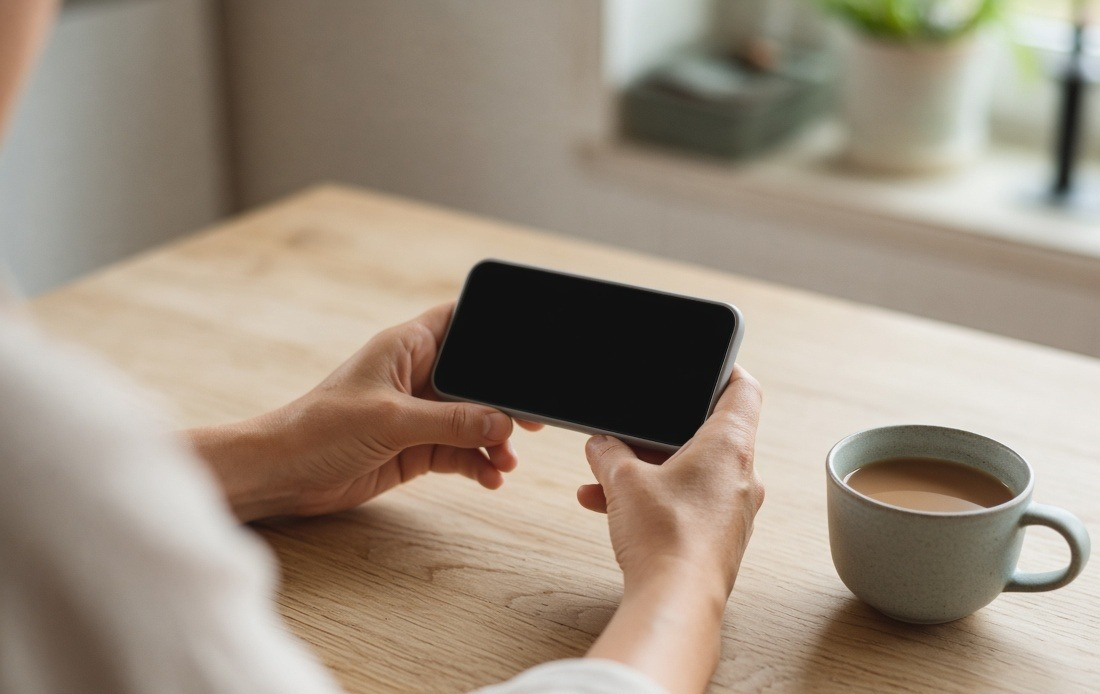 Hands holding a phone at a kitchen table in morning light