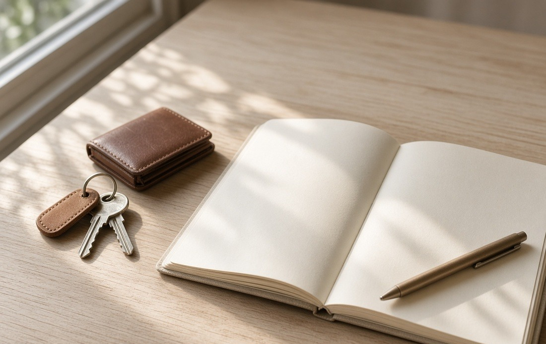 An open blank notebook, a pen, house keys and a wallet on a timber surface
