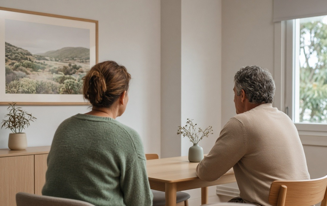 Two people talking across a desk in a consulting room, seen from behind