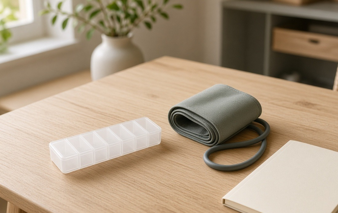 A weekly pill organiser, a blood pressure cuff and a notebook on a kitchen table