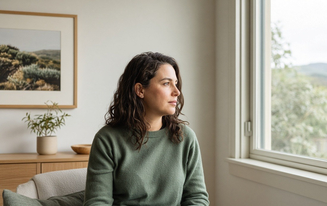 A woman seated by a window in a consulting room, looking towards the light