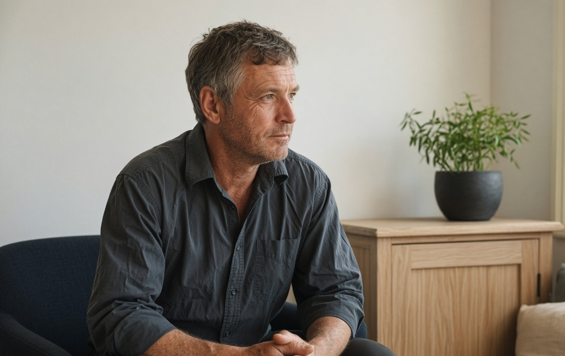 A man seated in a consulting room, hands loosely clasped