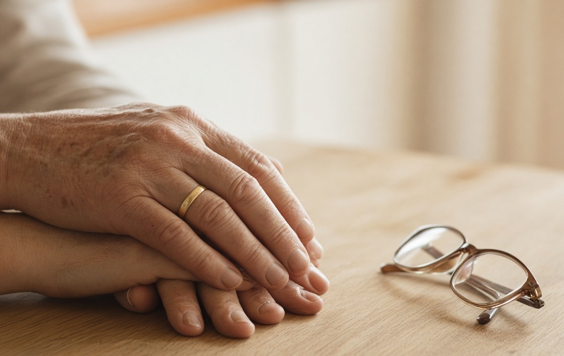 An older couple's hands resting together on a timber table beside reading glasses