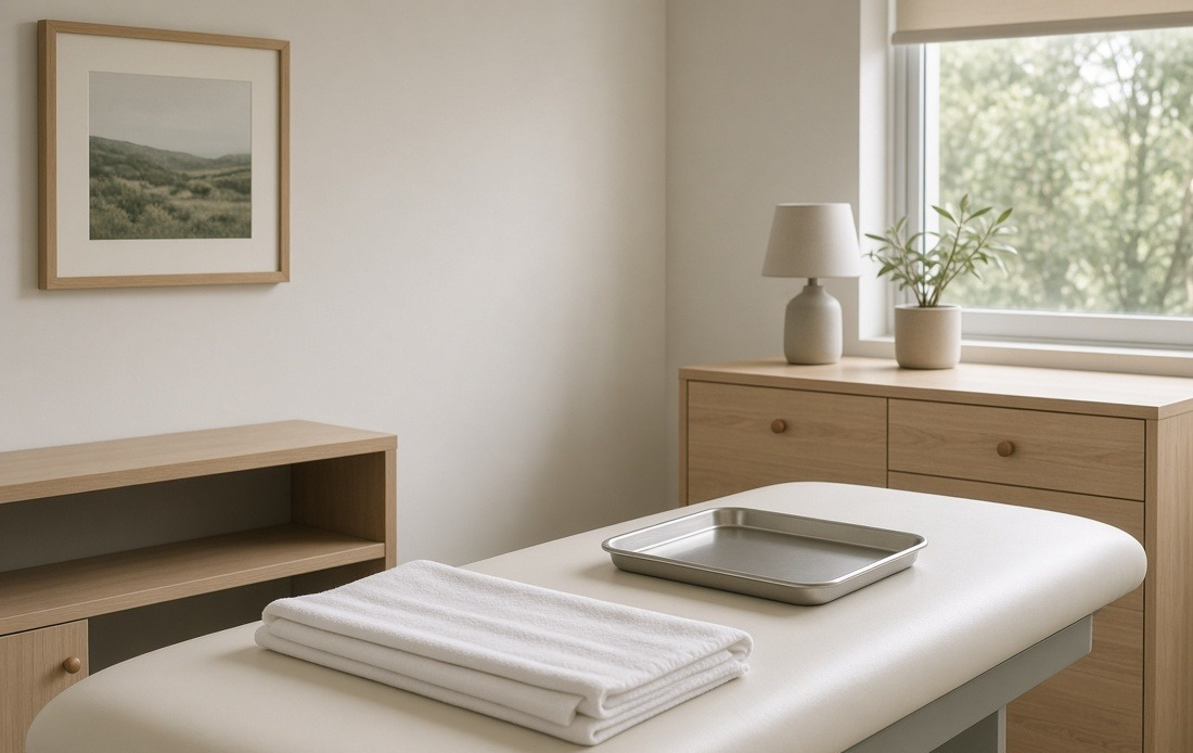 A clean, empty clinical treatment bench with folded linen and a tray