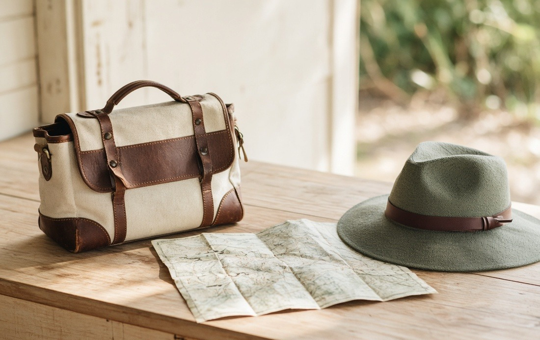 A travel bag, a folded map and a wide-brimmed hat on a timber bench