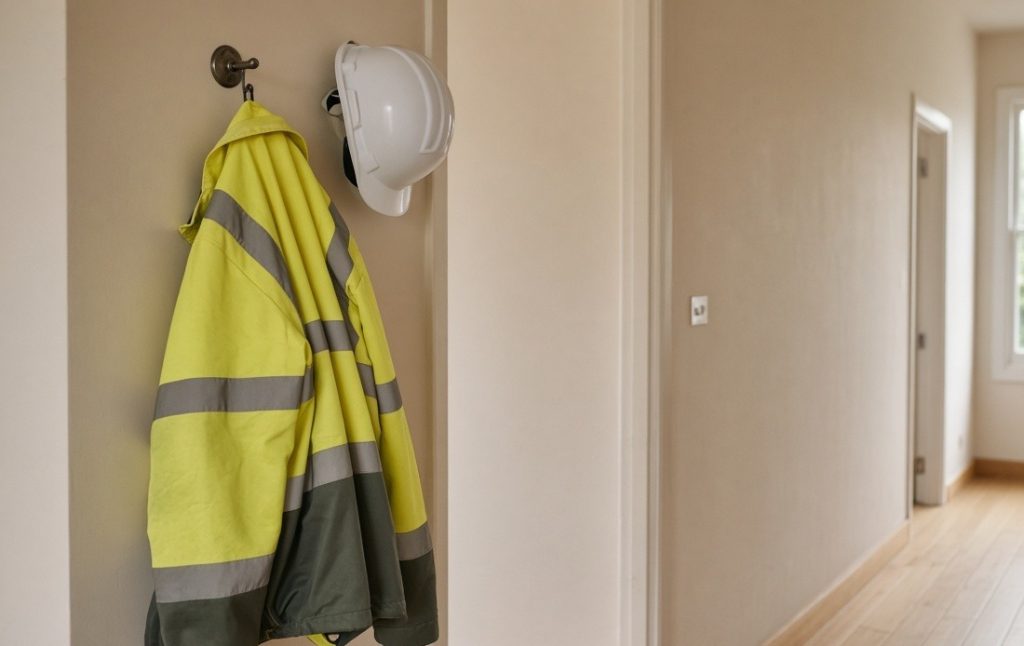 A high-visibility work jacket and hard hat hanging in a hallway