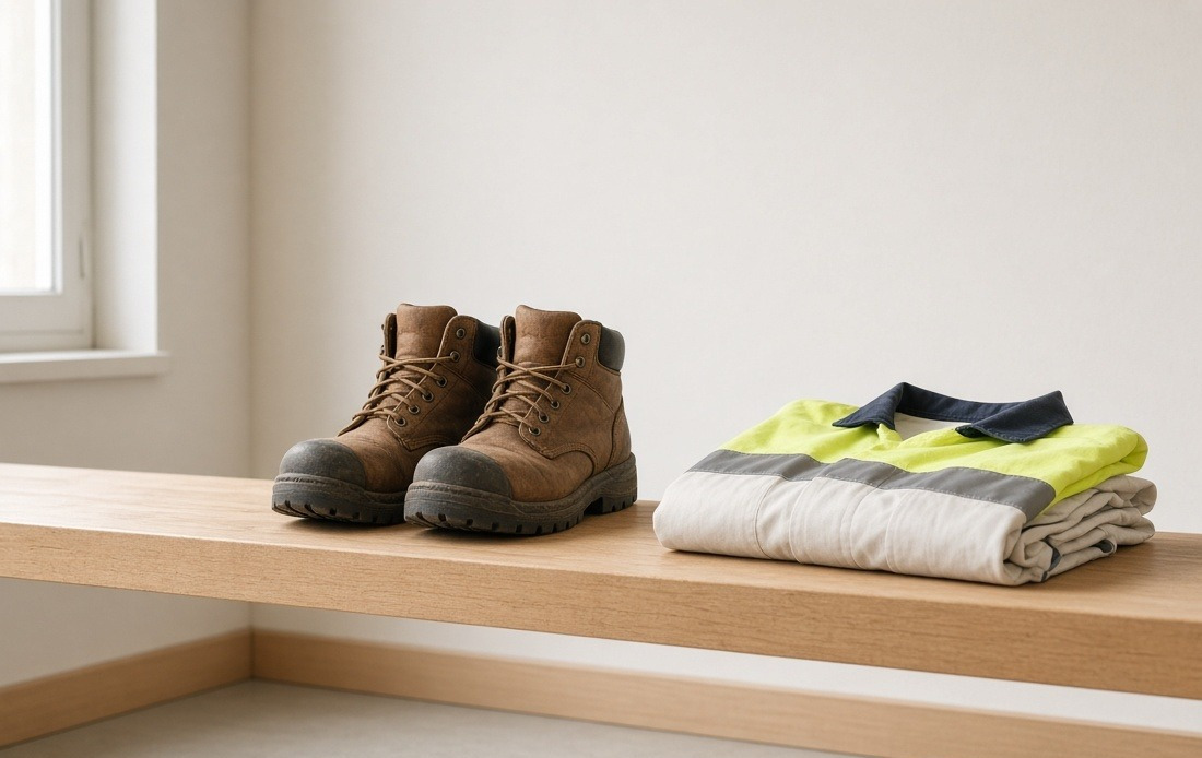 Steel-capped work boots and a folded high-visibility shirt on a bench