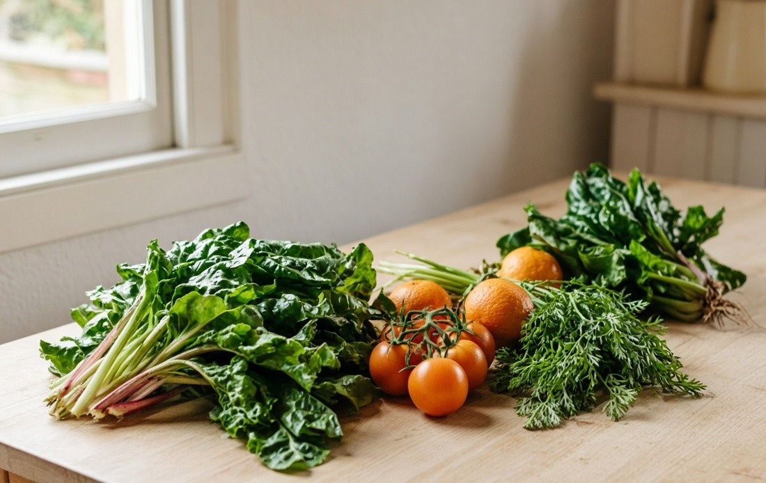 Fresh leafy greens, tomatoes and citrus on a timber kitchen bench